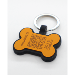 Swiss silicone dog tag with emergency contacts and health information.