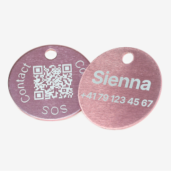 Hybrid QR Code & Custom Engraved Pet ID Tag – Round Aluminum, Personalized with Swiss Data Platform
