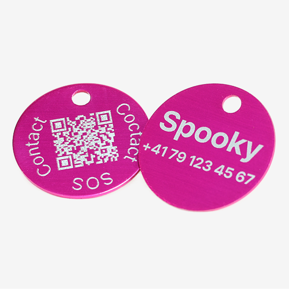 Tiermarke mit QR-Code und Lasergravur Rund aus Aluminium - Individuell gravierbar und Schweizer Datenplattform