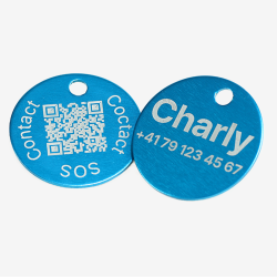 Hybrid QR Code & Custom Engraved Pet ID Tag – Round Aluminum, Personalized with Swiss Data Platform