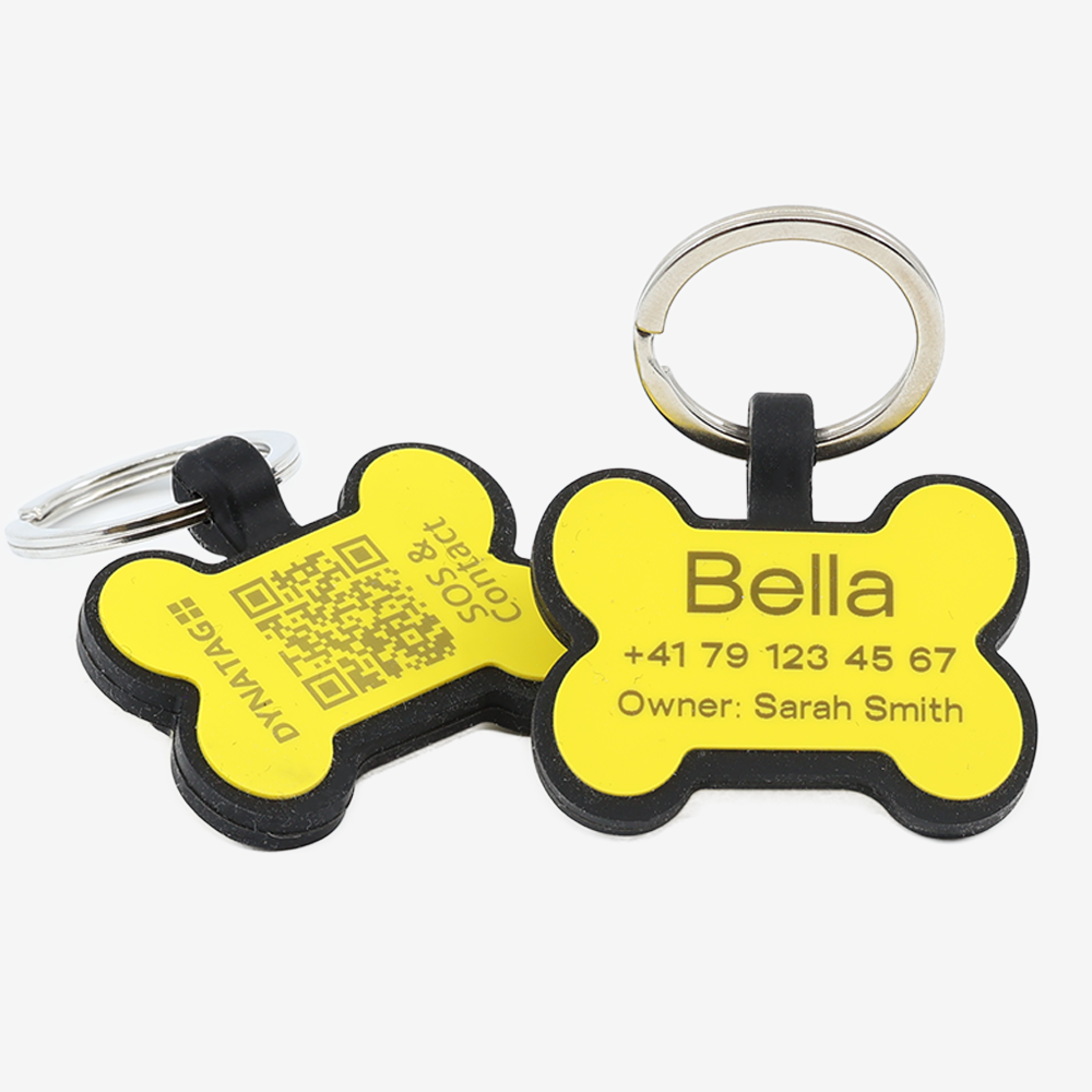 Hundemarke mit QR-Code und Lasergravur Knochen aus Silikon - Individuell gravierbar und Schweizer Datenplattform