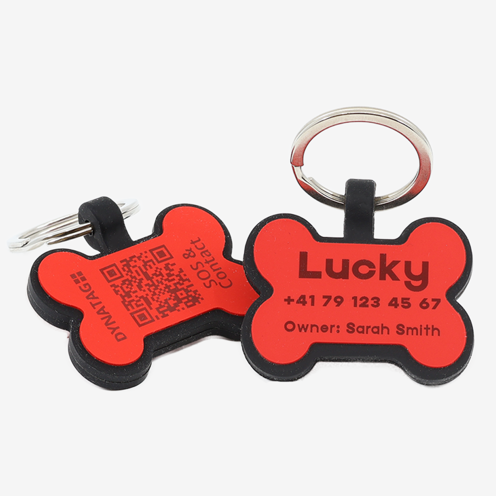 Médaille chien os en silicone avec QR code & gravure laser – plateforme suisse