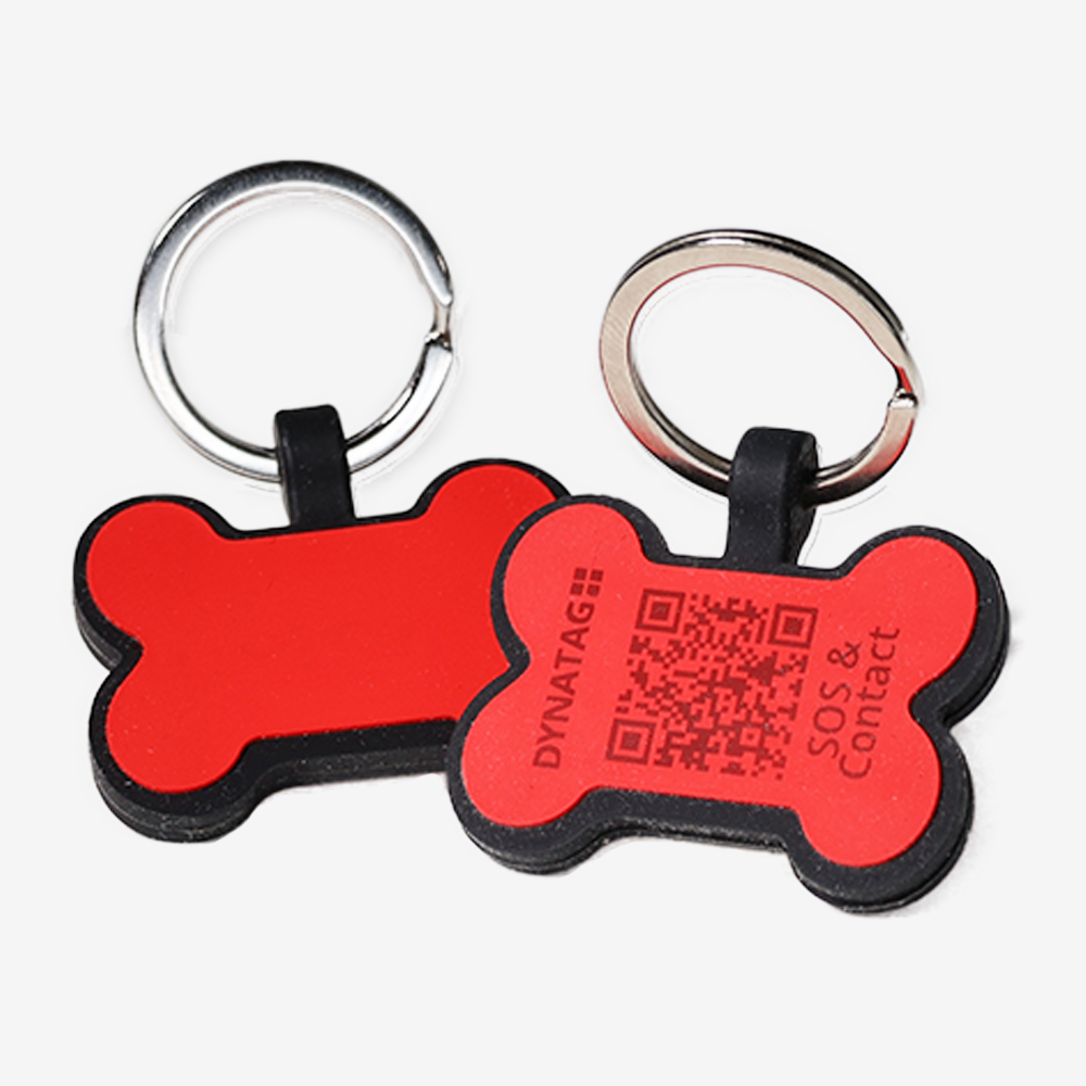 Swiss silicone dog tag with emergency contacts and health information.