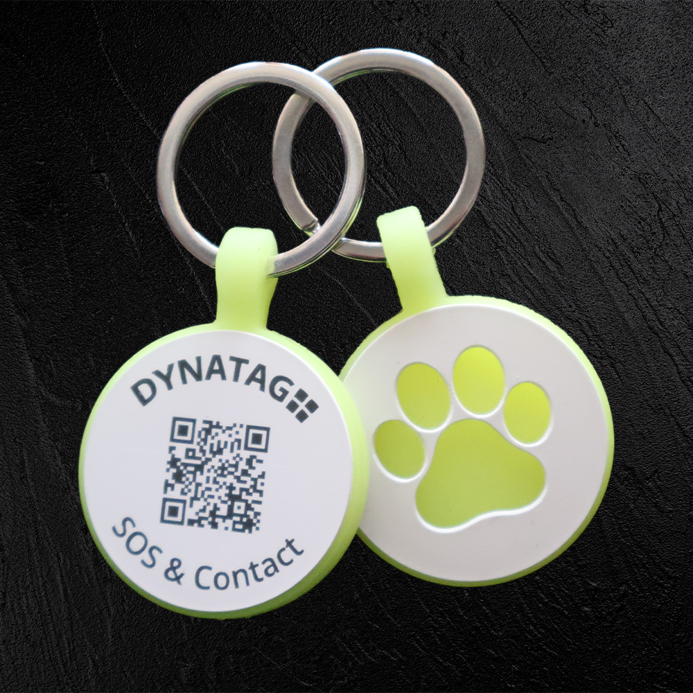Medaglietta rotonda per animali in silicone fluorescente con codice QR e zampa luminosa – piattaforma dati svizzera