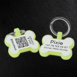 Medaglietta Glow in silicone a forma di osso con QR e incisione laser – piattaforma svizzera