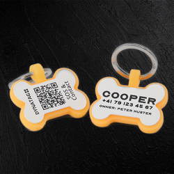 Hundemarke mit QR-Code und Lasergravur Knochen fluoreszierendem Silikon - Individuell gravierbar und Schweizer Datenplattform