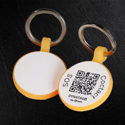 Tiermarke mit QR-Code in runder Form aus fluoreszierendem Silikon – Schweizer Datenplattform