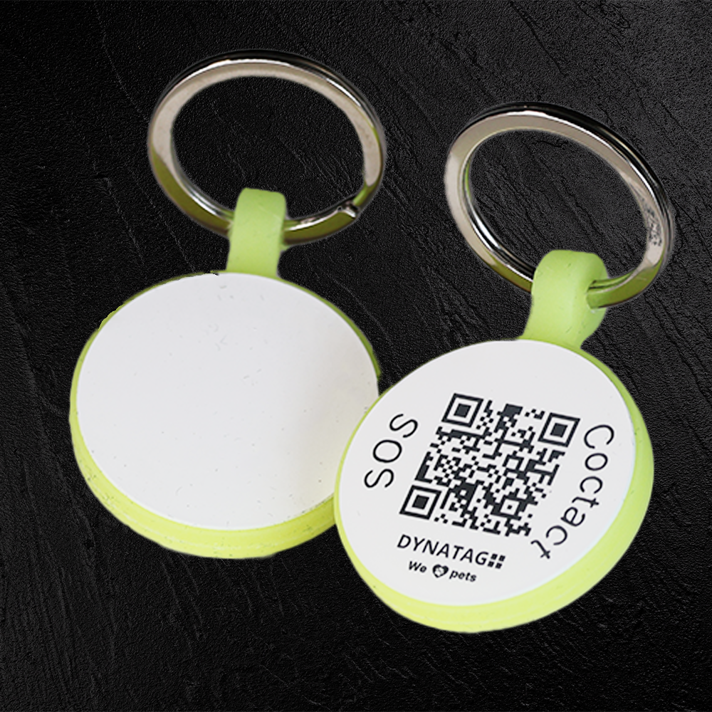 Medaglietta rotonda per animali in silicone fluorescente con codice QR – piattaforma dati svizzera