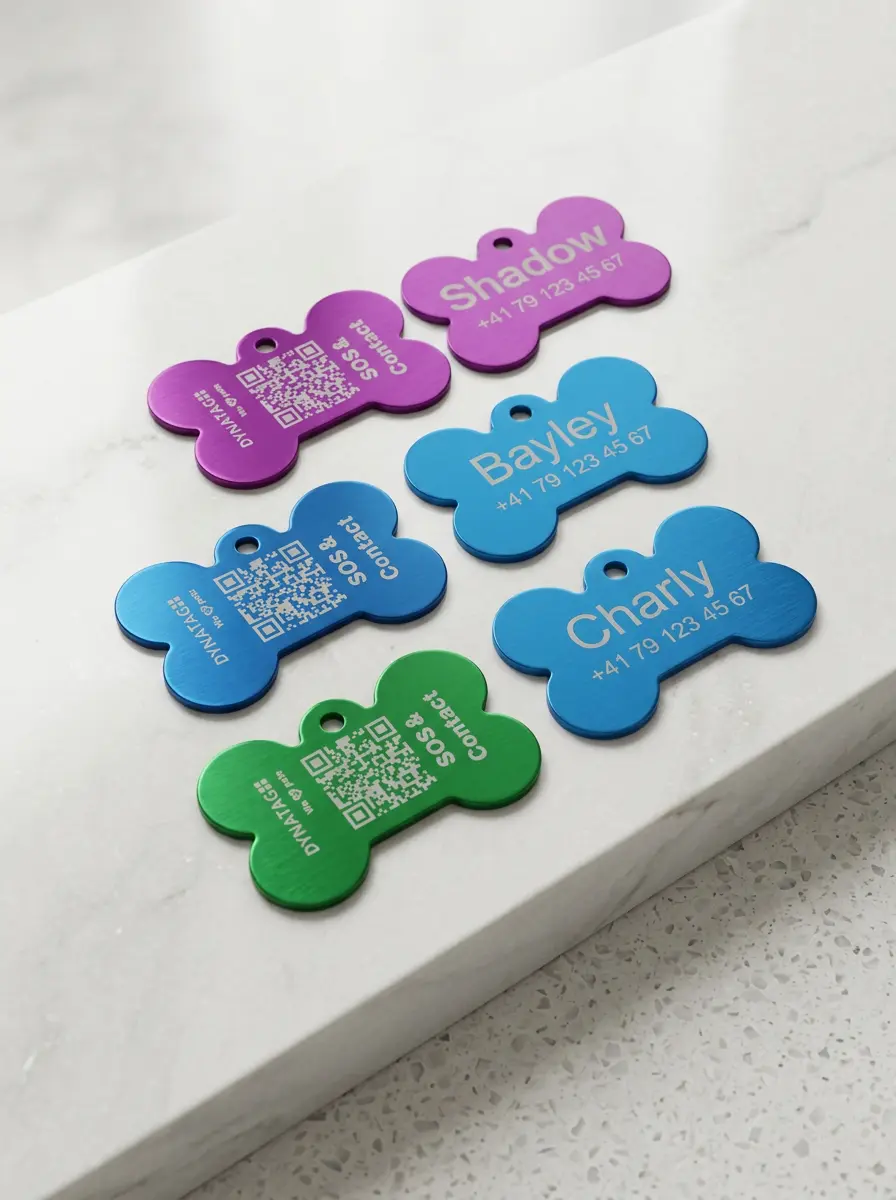 Bone-shaped aluminium dog tag with QR code and laser engraving