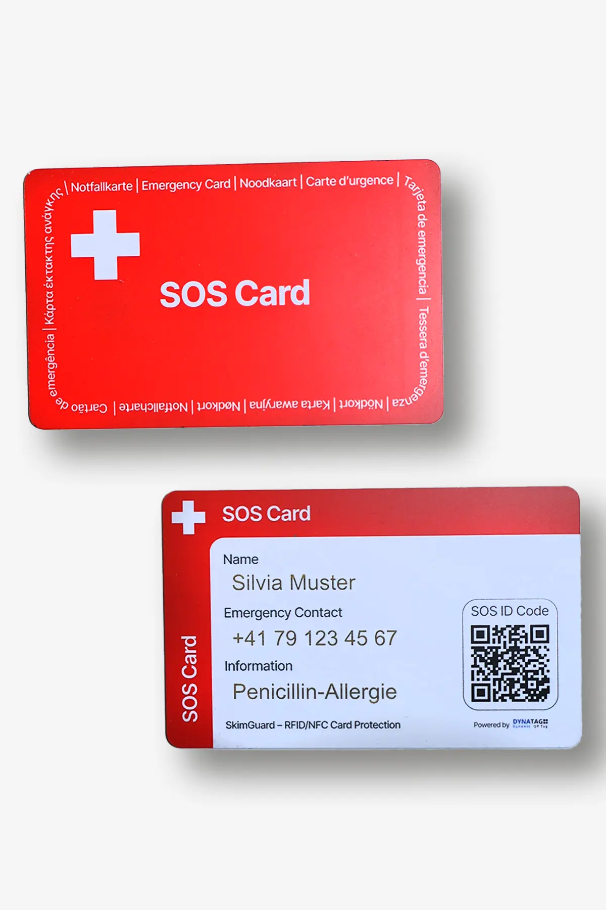 SOS emergency card with QR code and RFID SkimGuard protection in credit-card format