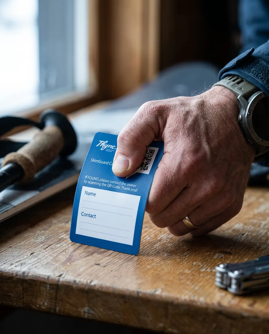Rückseite der SkimGuard SOS-Karte mit QR-Code und Beschriftungsfeld